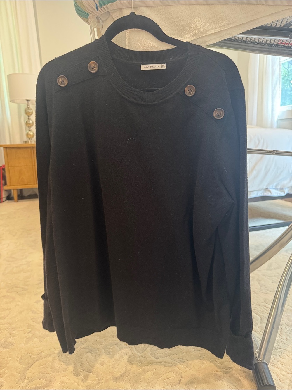 Staccato Black Crewneck Sweater with Shoulder Buttons
